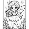 A cute, cartoon-style fairy girl with long hair wearing a dress and big wings, standing on a grassy area surrounded by plants and small hearts in the background.