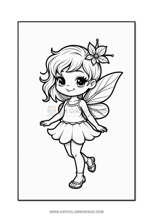 A cute cartoon fairy girl with wavy hair and a flower in her hair, wearing a short skirt and sandals, with butterfly wings, posed cheerfully as she walks.