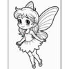 A cute, cartoon-style fairy with flowing hair, wearing a sleeveless dress and having butterfly wings, smiling while floating in the air against a blank background, designed for coloring.