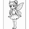 A cute fairy character with large wings, wearing a dress and sandals, smiling and standing with arms outstretched, illustrated in black and white line art suitable for coloring.