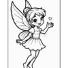 A cartoon fairy character with large wings, wearing a short dress, is smiling and waving with one hand while holding a small heart in the other hand. The drawing is in black and white, intended for coloring.