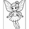 A black and white illustration of a smiling fairy with large wings, wearing a sleeveless dress and standing with arms outstretched. The fairy has a bun hairstyle and is barefoot, with a joyful expression.