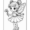 A cute fairy character with two buns in her hair, wearing a dress and sandals, holding a flower while standing on one foot. She has large wings and a joyful expression.