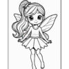 A line art illustration of a young fairy girl with long hair, large wings, and wearing a simple dress. The fairy has a cheerful expression and is posed with her arms outstretched.