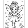 A cartoon-style fairy with large wings and a floral dress stands smiling, surrounded by flowers, in a black and white coloring page.