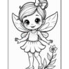 A cheerful cartoon fairy girl with big eyes and a bow in her hair, wearing a dress that resembles flower petals, stands with her arms outstretched beside a flower and leaves, in a black and white coloring page design.