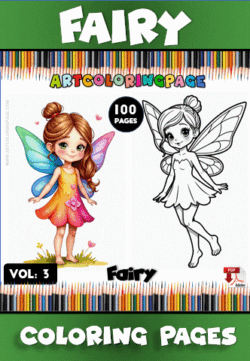 A colorful cover for a fairy-themed coloring book featuring two illustrations: on the left, a vibrant colored fairy girl with butterfly wings in a dress, and on the right, a black and white sketch of the same fairy girl, suitable for coloring. The cover includes the title 'FAIRY' and the volume number 'VOL. 3'.