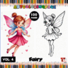 A colorful book cover featuring two fairy illustrations, one in vibrant colors and another in black and white. The title 'FAIRY' is prominently displayed at the top, with 'VOL. 4' and 'ART COLORING PAGE' noted above. A pencil background surrounds the design, indicating it's a coloring book with 100 pages.