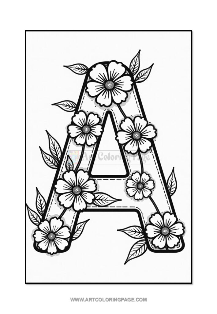 A large, decorative letter 'A' outlined in black, adorned with various flowers and leaves, set against a white background.