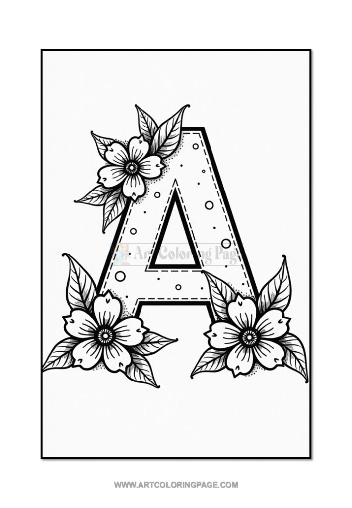 A decorative letter 'A' surrounded by detailed flowers and leaves, outlined in black on a white background, suitable for coloring.