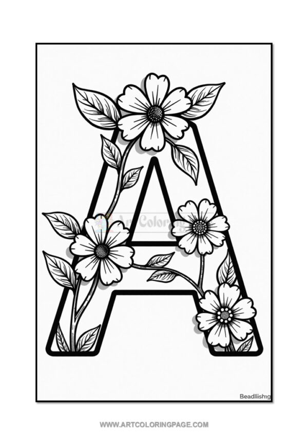 A decorative uppercase letter 'A' filled with intricate line drawings of flowers and leaves, against a white background.