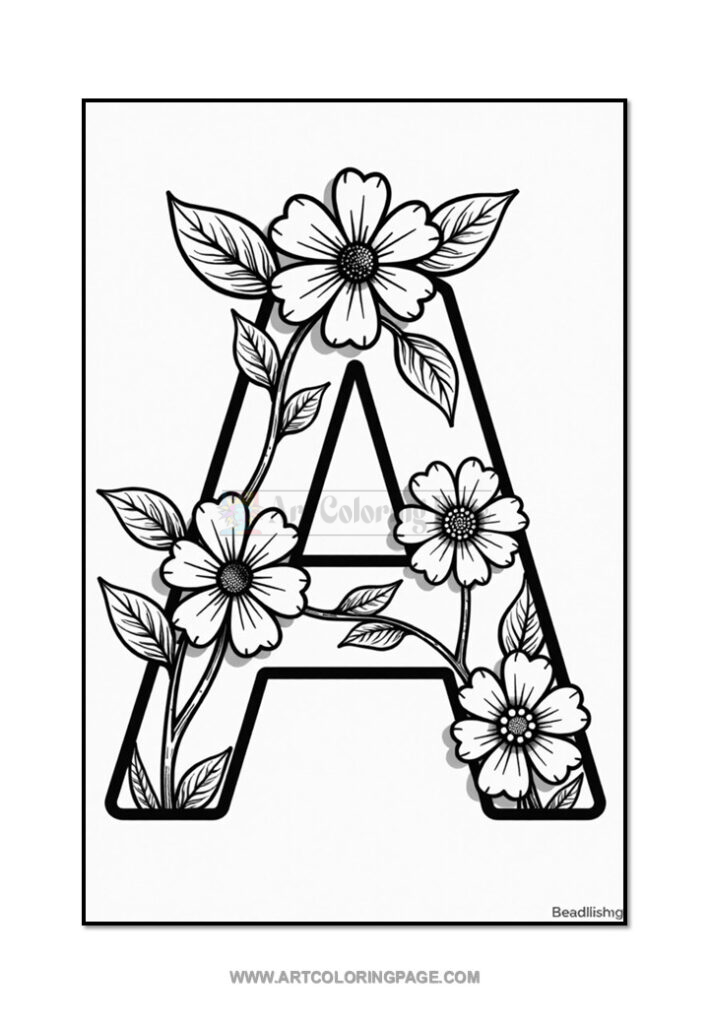A decorative uppercase letter 'A' filled with intricate line drawings of flowers and leaves, against a white background.