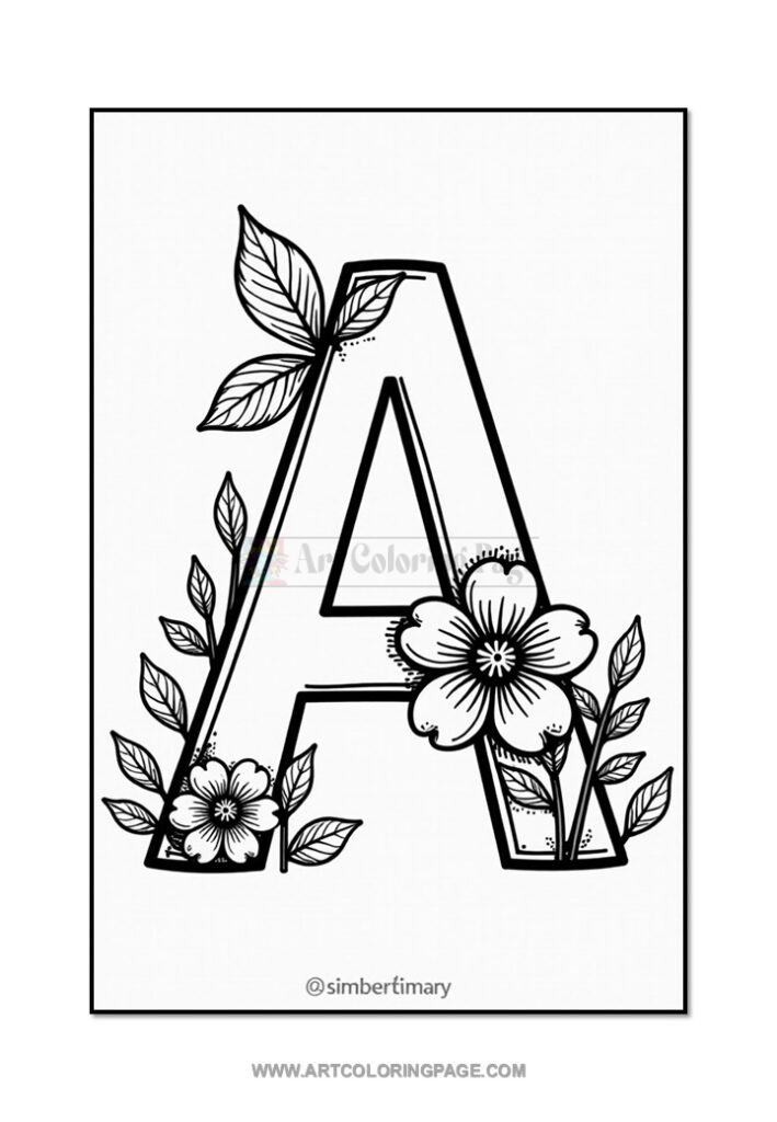 A large, decorative letter 'A' surrounded by floral elements and leaves, designed in black line art style on a white background.