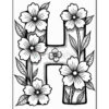 An artistic illustration of the letter 'H' adorned with large flowers and leaves, created in a black and white coloring page style.