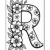 An ornate, floral letter 'R' illustrated in black and white, surrounded by various stylized flowers and leaves.