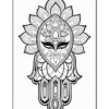 A detailed black and white line drawing featuring a lotus flower at the top, with a symmetrical design that incorporates elements of mandalas and a stylized hand below, resembling a hamsa symbol, set against a plain white background.