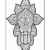 A black and white intricate mandala design featuring an eye at the center, surrounded by floral patterns and geometric shapes, resembling a protective hand symbol.