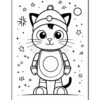 A cartoon-style cat wearing a space suit and a hat with a pom-pom, standing against a background filled with stars and snowflakes. The image is line art suitable for coloring.