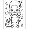A festive cartoon cat wearing a Santa hat and a cozy outfit stands with a smiling expression, next to a small round character with a hat. Surrounding them are stars and a small Christmas tree.