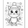 A cartoon-style cat wearing a hat with a pom-pom, standing against a playful backdrop of stars and ornaments. The cat is depicted in a cute and simplistic manner, with big eyes and a striped outfit.