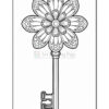 A decorative key, resembling a flower at the top with intricate petal designs, and a long, straight stem leading to a key head with two loops at the bottom.