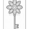 A decorative key with a flower-shaped top featuring intricate petal designs and a long, narrow shaft leading to the key bit.