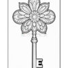 A decorative key shaped like a flower, featuring intricate petal patterns and a circular design at the center, with the key shaft extending downward.