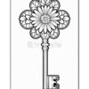 A decorative key with a floral pattern design on the head, featuring multiple petals and a central flower, set against a plain background.