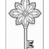 A decorative key design with a floral shape at the top, featuring intricate petals and a central flower, leading down to a long, straight key shaft.