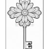 A decorative key featuring a flower-shaped top, with intricate patterns and petal designs, and a traditional keyshaft leading to a stylized key head at the bottom.