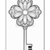 A decorative key with a flower-shaped head featuring intricate patterns and designs, set against a plain background.