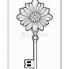 A decorative key featuring a flower-shaped head with intricate petal designs and a long, straight shaft leading to a simple bit.