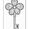 A black and white line drawing of a key designed to resemble a flower. The top of the key features a floral shape with five petals and a rounded center, while the key shaft is straight and includes a notched end.