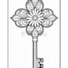A decorative key featuring an ornate, flower-shaped head with intricate patterns and a straight shaft leading to a detailed bit.