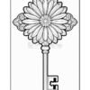 A decorative key with an ornate floral design at the top, featuring petal-like shapes and a smaller flower in the center, attached to a straight shaft with a simple key head.