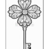An ornate, decorative key with a floral design at the top and a long, straight shaft leading to a simple key head.