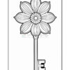 An illustration of a key designed to resemble a flower, featuring petal-like shapes and intricate line patterns on the flower portion, with the key shaft extending downward.