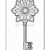 A decorative key with a floral design at the top, featuring intricate petal patterns and a circular center, with a straight shaft and a notched end.