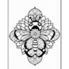 A symmetrical black and white illustration of a butterfly surrounded by floral motifs, featuring detailed patterns and shapes throughout its wings and body.