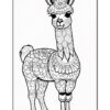 A detailed black and white illustration of a llama adorned with floral patterns. The llama is standing upright, showcasing intricate designs on its body and face, with flowers on its head and a stylized mane.