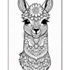 A detailed black and white illustration of a llama, featuring intricate floral patterns on its face and around its neck, contrasting against a plain white background.
