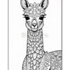 A detailed black and white illustration of a llama decorated with intricate floral patterns and designs, featuring a prominent floral crown and expressive eyes, set against a plain background.