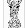 A black and white illustration of a llama adorned with intricate floral patterns and designs, showcasing its head and neck in a frontal view.