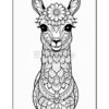 A black and white illustration of a llama adorned with intricate floral and mandala patterns, featuring a large flower on its forehead and decorative details throughout its neck and body.
