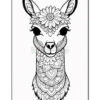 A stylized black and white illustration of a llama's head, adorned with a floral crown on top and intricate mandala-like patterns throughout its neck and face.