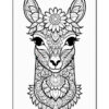 A detailed black and white illustration of a llama's face, adorned with intricate floral and mandala patterns, highlighting its eyes and ears.