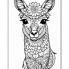 An intricate black and white illustration of a llama adorned with floral patterns, featuring a large flower design on its forehead and detailed flower motifs throughout its face and neck.