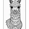 A black and white illustration of a llama adorned with intricate floral patterns and designs, featuring details like a large flower on its forehead and decorative ornaments on its neck, set against a plain background.