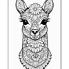 A detailed black and white illustration of a llama's head adorned with intricate floral patterns and designs, showcasing its large eyes and expressive features against a plain background.