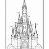 A detailed line drawing of a fairytale castle featuring multiple towers, spires, and flags, surrounded by bushes and a staircase leading to the main entrance.